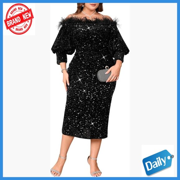 Sequin Off Shoulder Bodycon Midi Dress 3/4 Sleeve Formal Party Cocktail